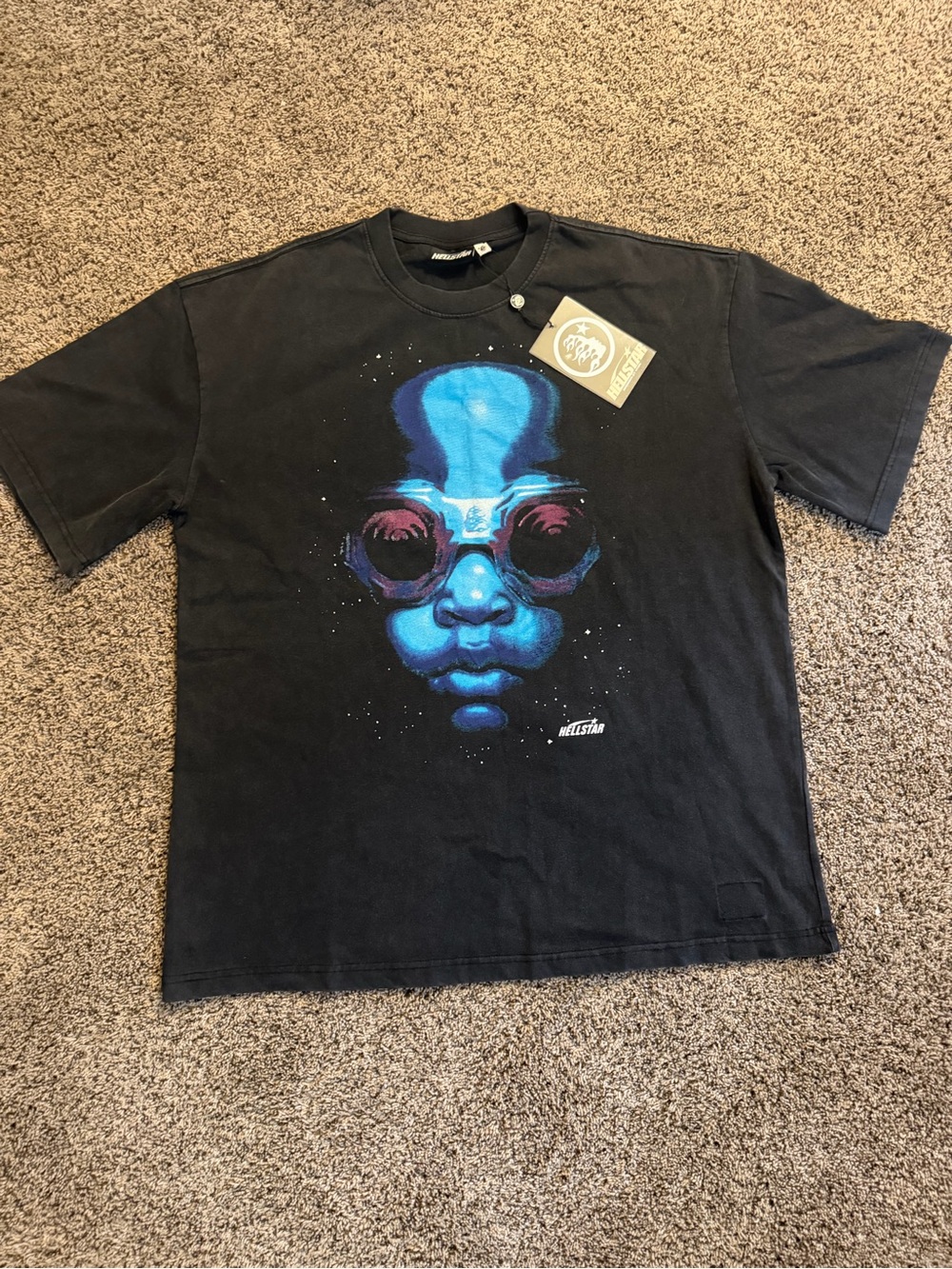 Men’s Black Graphic Tee with Blue Face Artwork by Hellstar